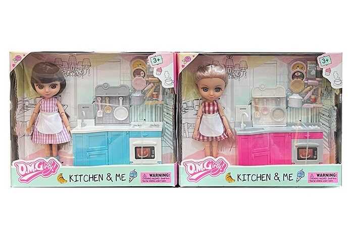 Лялька 58012 (72/2) 2 види, висота: 15 см, шарнірні з’єднання, кінцівки: гума, голова та тіло: пластик, знімний одяг та взуття, кухня, кухонне приладдя та продукти, рухомі елементи, в коробці, ВИДАЄТЬСЯ МІКС