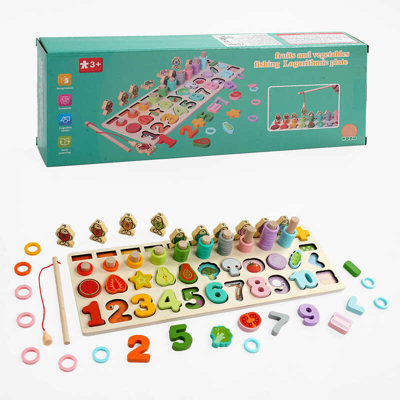 Логічна дерев’яна дошка C 67016 (40) магнітна риболовля, кілочки з кільцями, сортер, цифри, продукти, в коробці