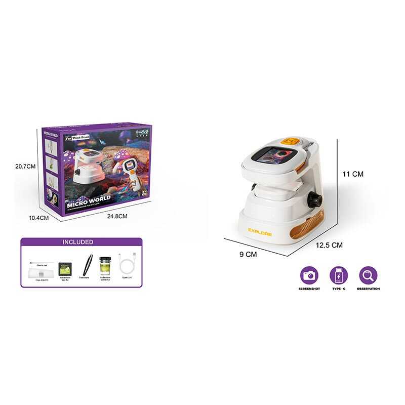 Мікроскоп 6800-1 (24/2) вбудований акумулятор, USB Type-C кабель, фото, відео, підсвічування, зразки, скельця, баночки, пінцет, збільшення від 100 до 1000, в коробці