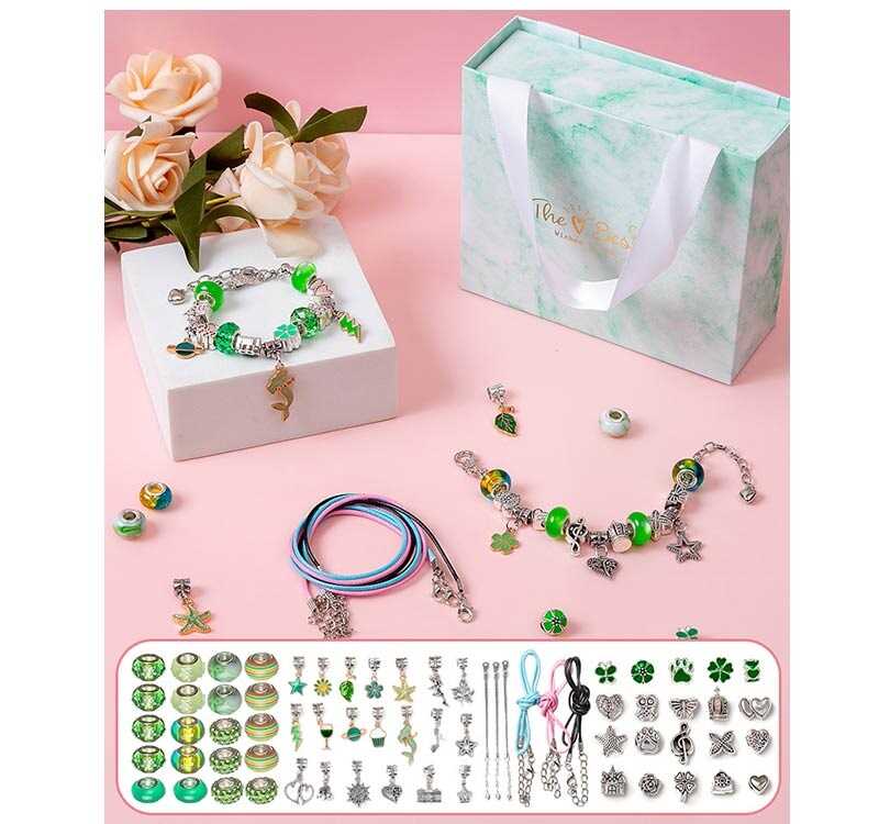 Набір прикрас DLS 1107 (100) "Зелений бокс", основи для браслетів, намистини, підвіски, в коробці