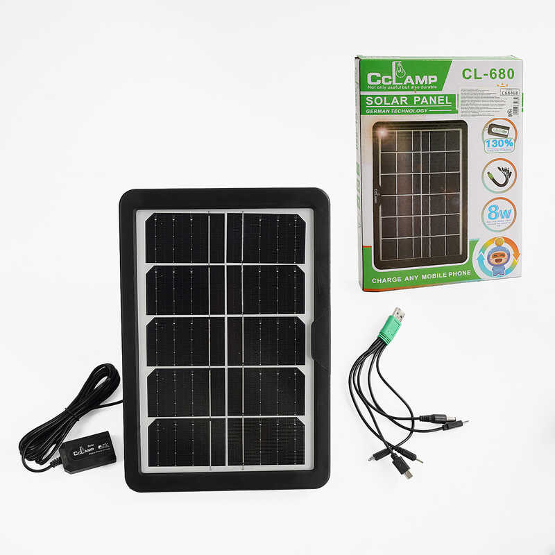 Зарядна станція С 68468 (30) сонячна панель, USB вихід, потужність 8W, шнур-перехідник з USB на штекери 5,5*2,1 мм, USB Type-C, miniUSB, microUSB і 2,0*0,5 мм, у коробці