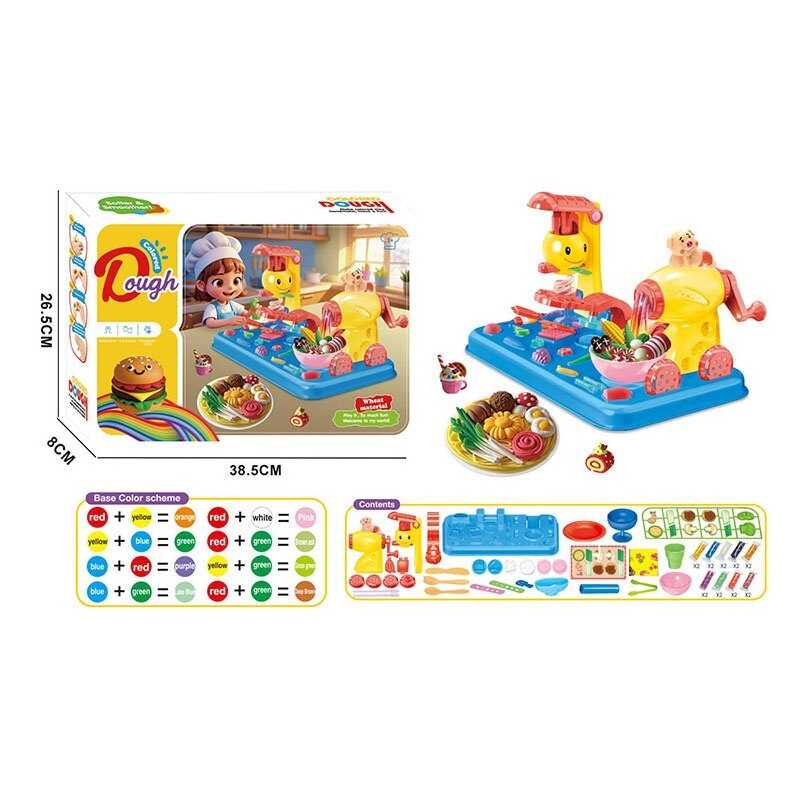 Тісто для ліплення 9020 (24)  2 екструдери, тісто у 18ти  кольорах, насадки, фігурні трафарети, мисочка, тарілочка, склянка, ніж, виделка, ложка, щипці, в коробці