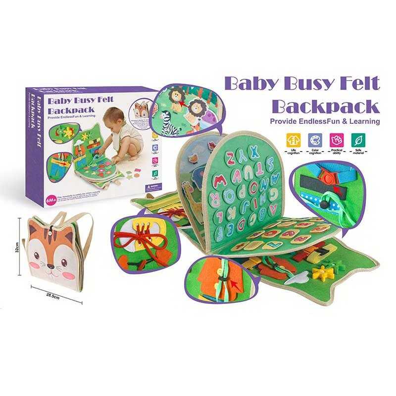 Логічна папка-рюкзак 1368 (16) фетрова, гра з липучками, англійська абетка, цифри, геометричні фігури, тварини, годинник, застібки, в коробці