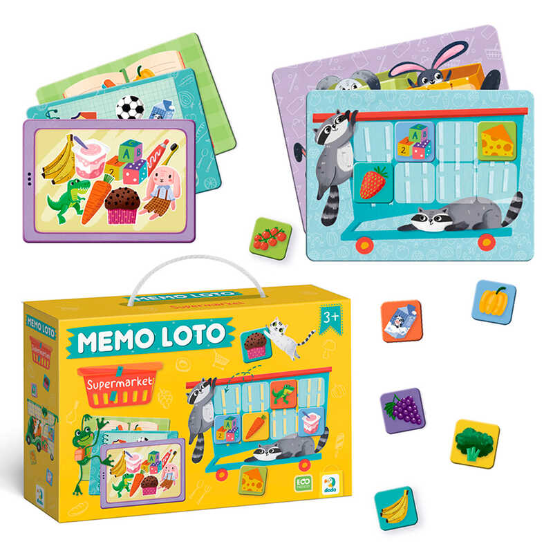 гр Мемо лото "Супермаркет" 301228 (36) "Dodo", 4 картки-валізи, 4 картки-списки, 32 фішки, в коробці