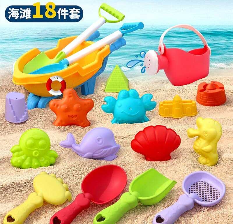 Пісочний набір W 218-42 (30/2) розмір тачки - 25х12х10 см, граблі, лопатки, сито, лійка,  10 формочок, в сітці