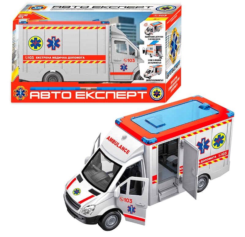 Машинка TK 97569 , "Авто Експерт", "Швидка допомога", ОЗВУЧ УКР МОВОЮ,  інерція, звук, підсвіч, вірші, пісні, двері, та дах відчиняються, в коробці
