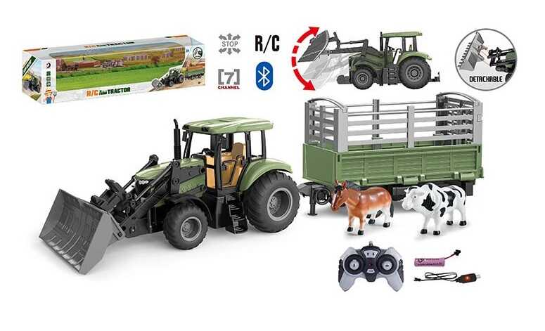 Трактор на радіокеруванні 1908-3 AT (15) фігурка тварини, гумові шини, причіп, рухомі елементи, акум. 3.7V, USB-кабель, пульт, додаток, Bluetooth, автоматичне підіймання ковша, режим демонстрації, в коробці