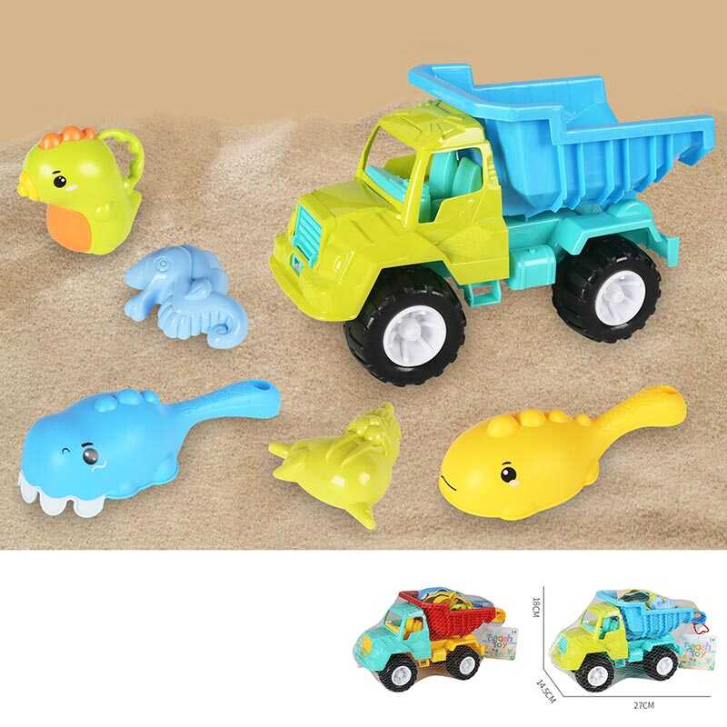 Пісочний набір KZ 6437 (36/2) 2 кольори, розмір самоскида -  27х14.5х18 см, лопатка, граблі, лійка, 2 формочки, в сітці