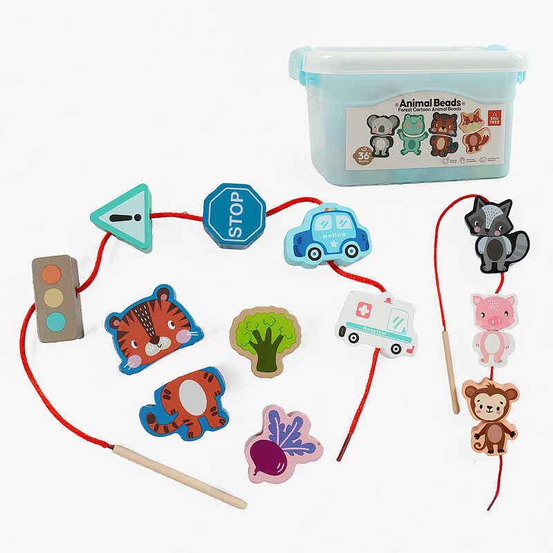 Шнурівка дерев'яна С 74433 (24) фігурки з транспортом, дорожніми знаками, тваринами, фруктами й овочами, намистини, шнурки з дерев’ян. краєм, в боксі