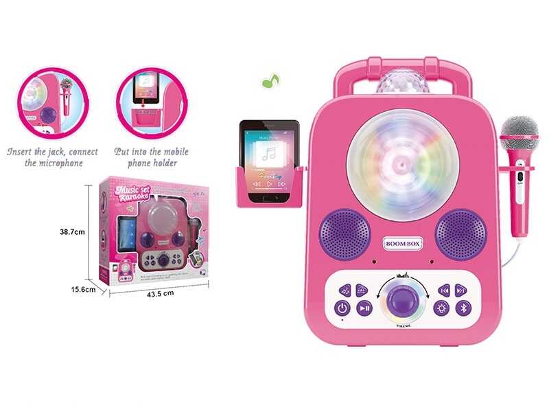 Караоке 5023 (6) підсвічування, мікрофон, 12 мелодій, підключення до телефону, працює тільки від мережі, регулювання гучності, USB-кабель, в коробці