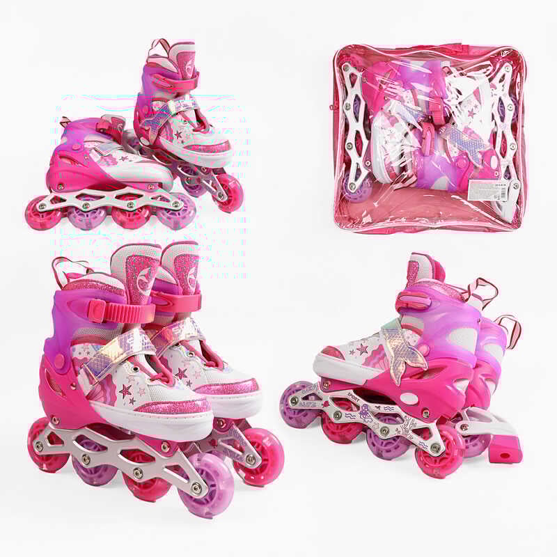 Ролики 3409-77 S розмір 29-33 (6) колір РОЖЕВИЙ, устілка 18-20 см, колеса PU, d коліс – 6 см, підсвічування коліс, в сумці