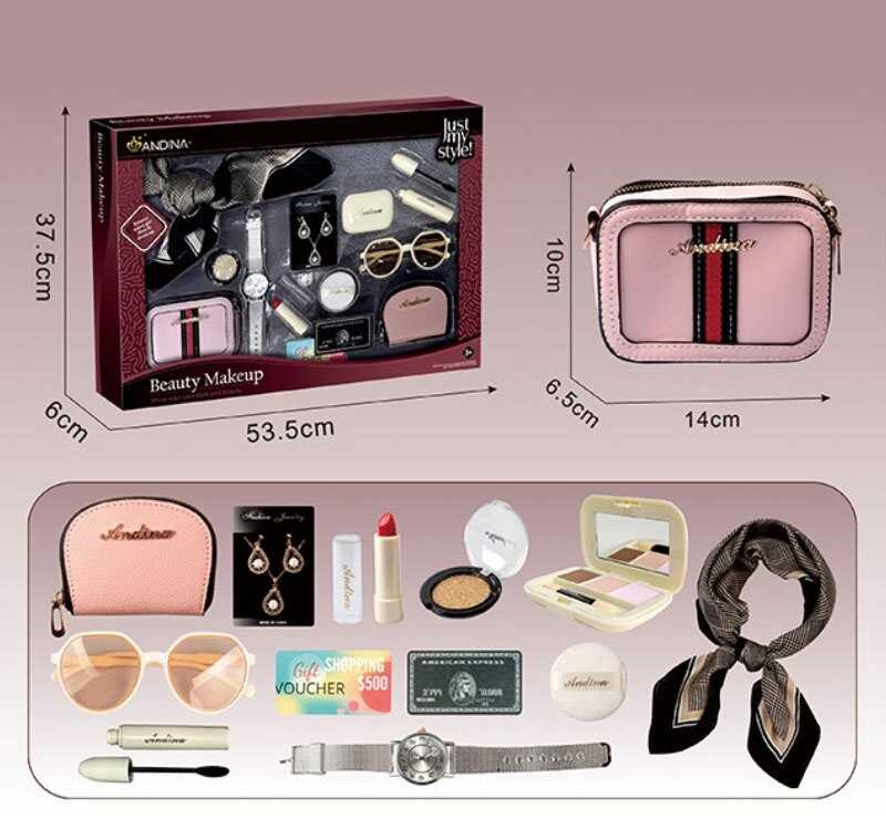 Набір аксесуарів 676-7 (24) сумочка, гаманець, імітація косметики, функціональний годинник, імітація карток, хустка, окуляри, прикраси, в коробці