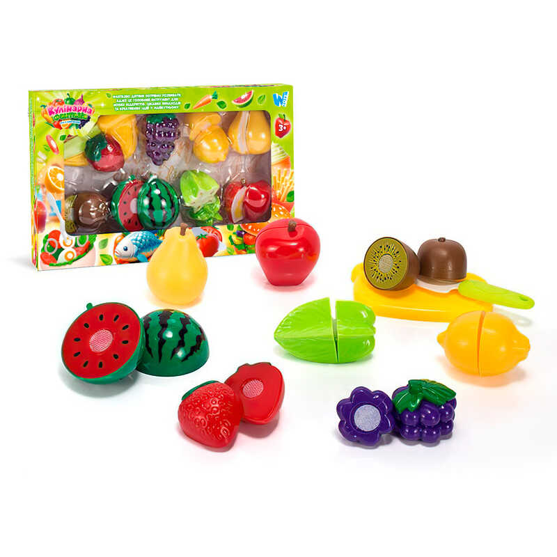 Набір продуктів “Кулінарна фантазія” 77650 (64/2) "WToys", 18 елементів, фрукти на липучках, дошка для нарізання, ніж, в коробці