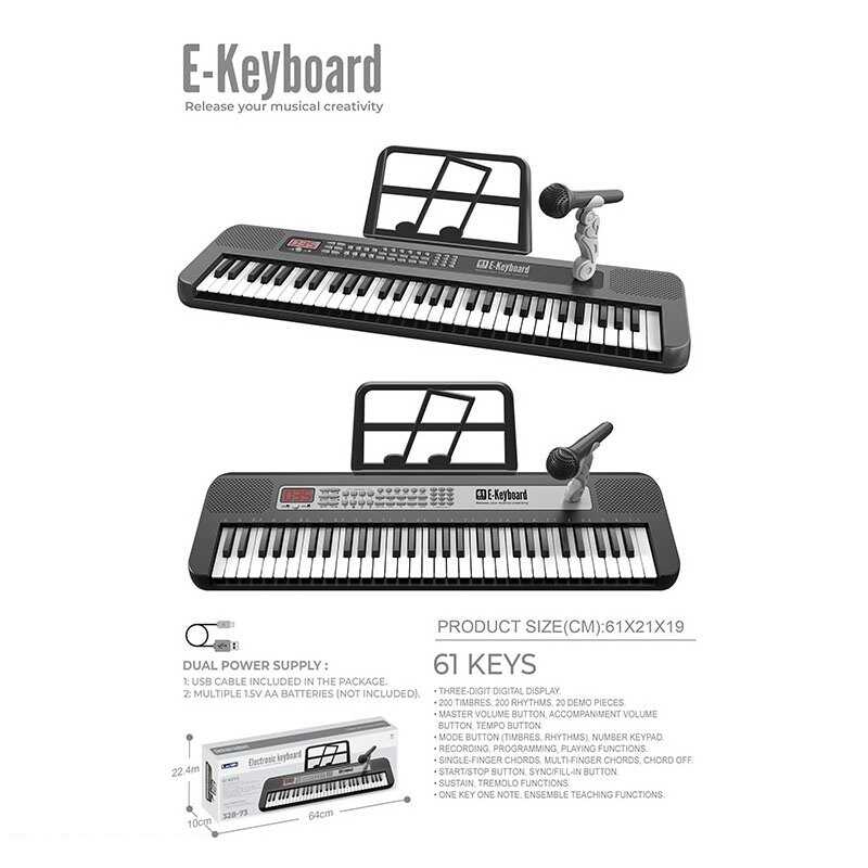Синтезатор 328-73 (12) мікрофон, караоке, 61 клавіша, працює від мережі або батарейок, звук, підсвічування, 3 AUX-роз'єми, AUX-кабель, USB-type-c кабель, регулювання гучності, музика, функція запису, в коробці