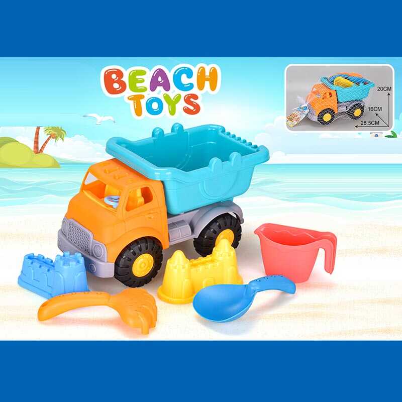 Пісочний набір JX 6857 (36/2) розмір самоскида - 28.5х16х20 см, лопатка,  граблі, лійка, 2 формочки, в сітці