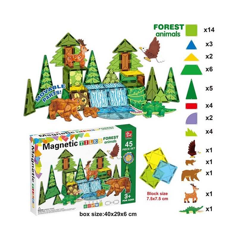 Магнітний конструктор SQ 68002-3 (12) 45 деталей, 5 об’ємних фігурок тварин, в коробці