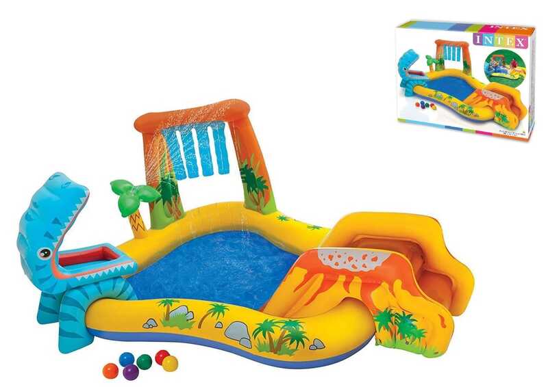 Intex Ігровий центр 57444 NP (2) Динозаври, з гіркою, душем, фонтанчиком, кульками 6 шт, 249х191х109 см, від 3-х років