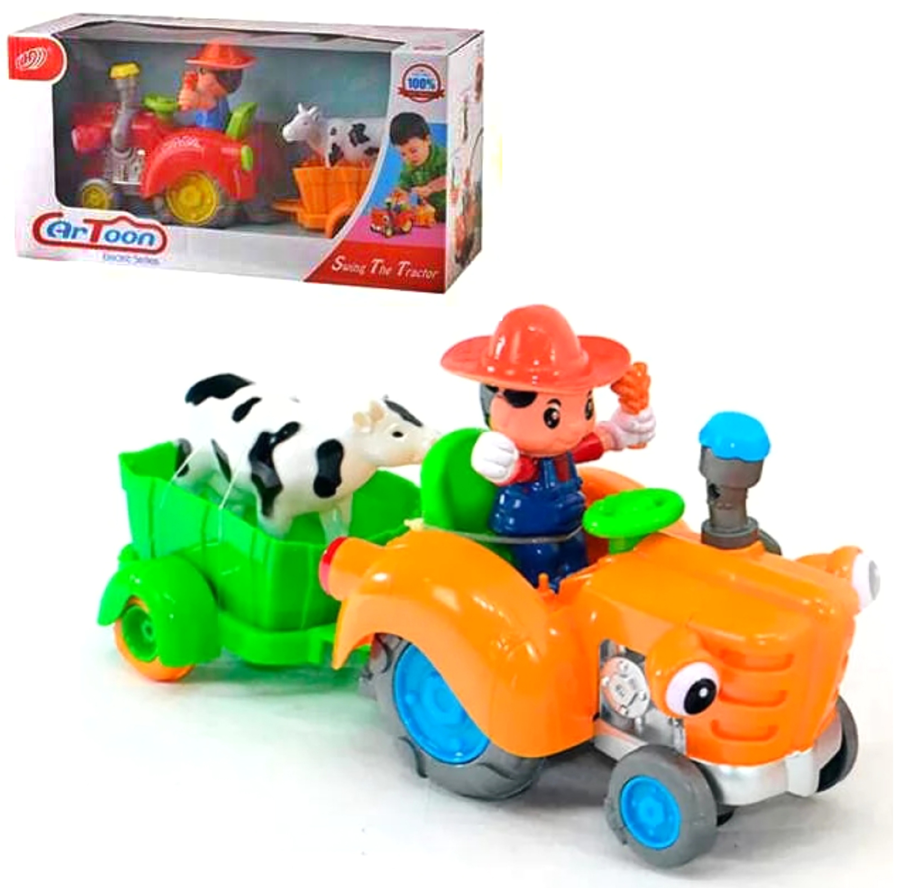 Трактор з причепом HD 963 , світло, мелодія, колесо вільного руху, знімний причіп, фігурка корови, в коробці