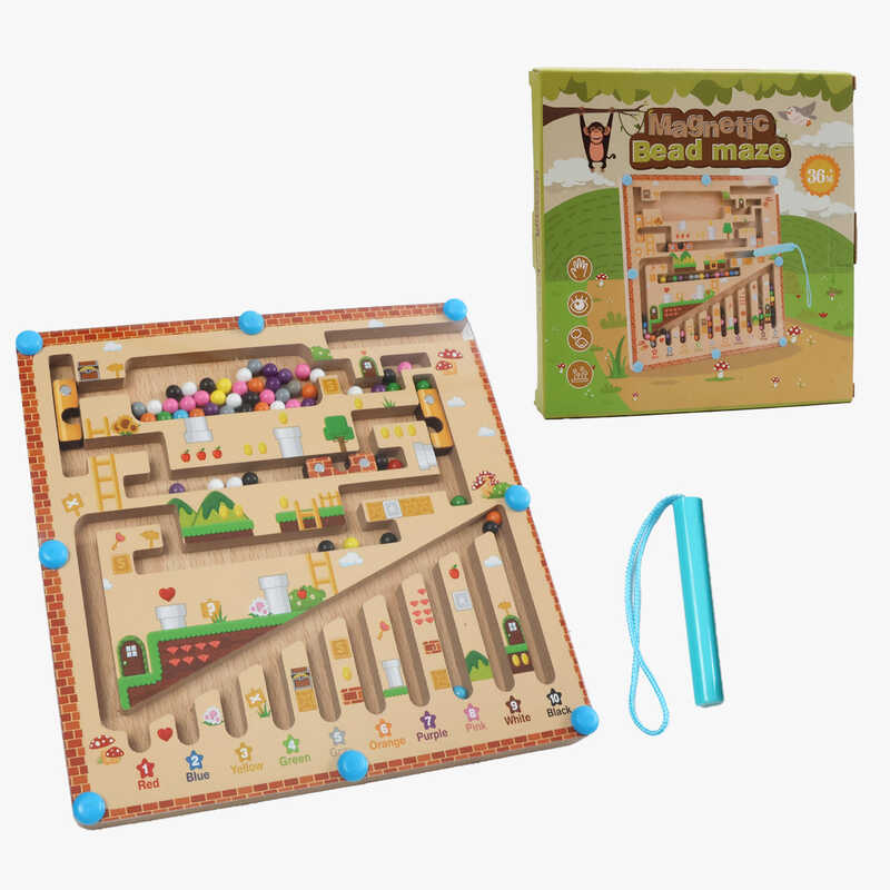 Дерев'яна магнітна гра C 74275 (80) стилус, лабіринт, сортер, кольори англійською, цифри, в коробці