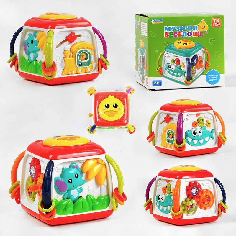 Музичний мультибокс “Музичні веселощі” TK - 20119 (48/2) "TK Group", ОЗВУЧУВАННЯ УКРАЇНСЬКОЮ МОВОЮ, 4 пісні, 3 казки, мелодії, цифри, підсвічування, пальчикові ігри, звук барабана, рухомі шестерні, у коробці