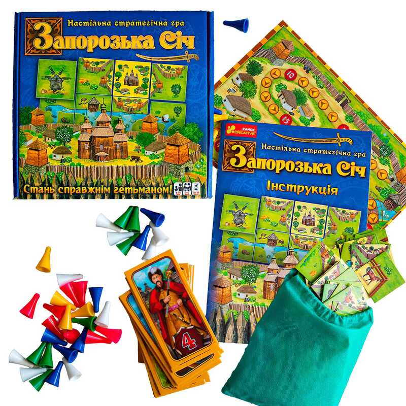 гр Настільна гра "Запорізька Січ" 12120089У (10) "Ранок",  96 тайлів землі, 40 фішок-воїнів, 40 тайлів-персонажів, поле для підрахунку балів, правила, в коробці