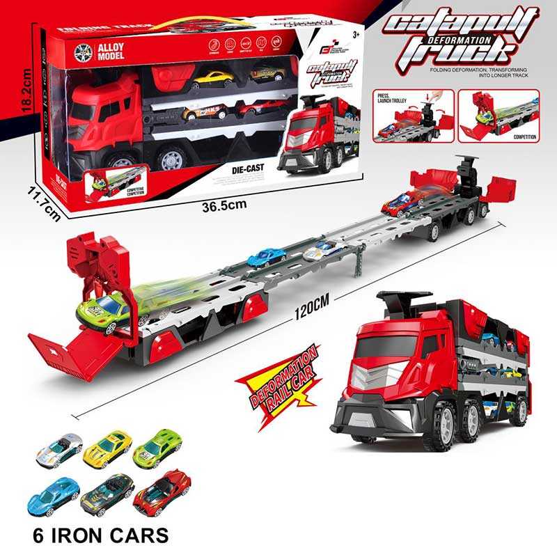 Трейлер-трек 825 (40) ЧЕРВОНИЙ, розмір - 32х10х14 см, довжина треку - 120 см, механічний запускач, важіль розкладання кузова, 6 металопластикових моделей, в коробці