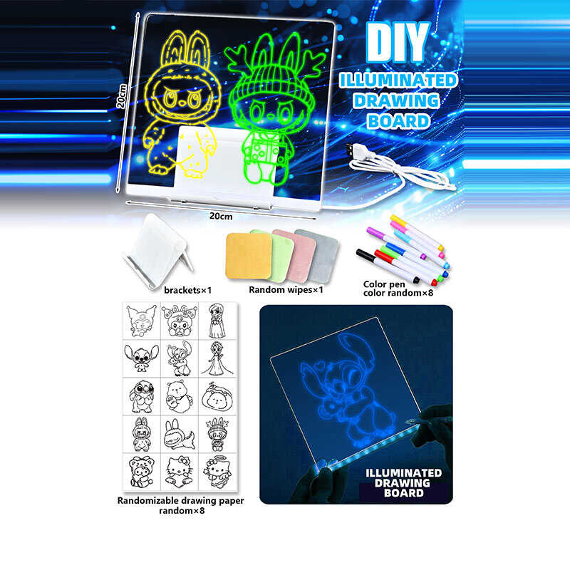 Дошка для малювання A 20 (80) підсвічування, 8 різнокольорових маркерів "пиши-витирай", трафарети, гумка, USB-кабель, працює від мережі,  в пакеті