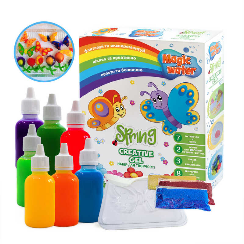 гр Набір для творчості "Magic water. Creative gel SPRING" MV6031-04 (10) "Ludum", 4 кольорові гелі, ложка, пакетик сухої речовини, в коробці