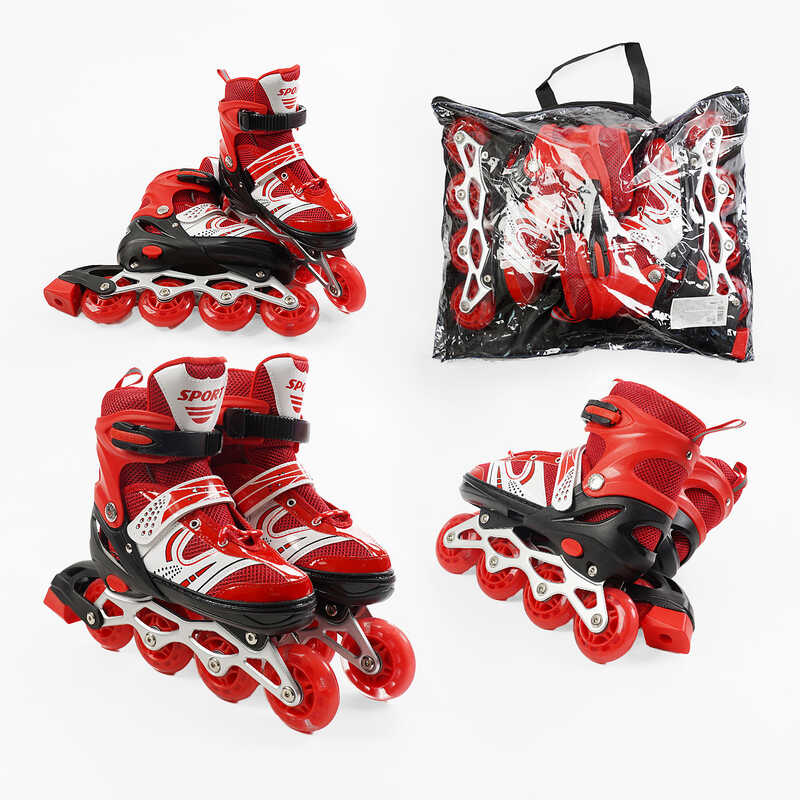 Ролики 63950-L /розмір 39-43/ колір – ЧЕРВОНИЙ (6) колеса PU, устілка 24-27 см, ПЕРЕДНЄ КОЛЕСО СВІТЛО, d – 6.5 см, в сумці