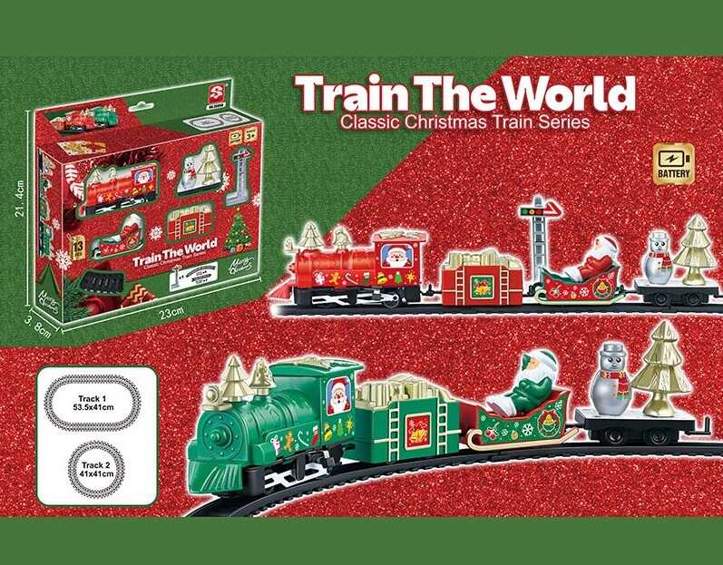 Потяг 3505 A (108) локомотив, вагон, санчата, платформа з ялинкою  та сніговичком, 2 варіанти колії, дорожній знак, в коробці