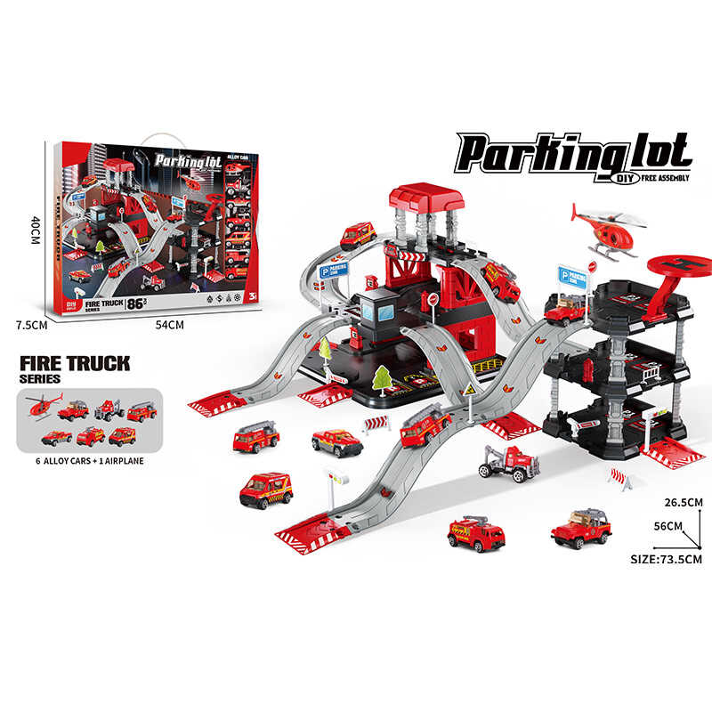 Трек 666-13 (18) 6 металопластикових машинок, гелікоптер, 3 рівні, муляжі оточення, наліпки, в коробці