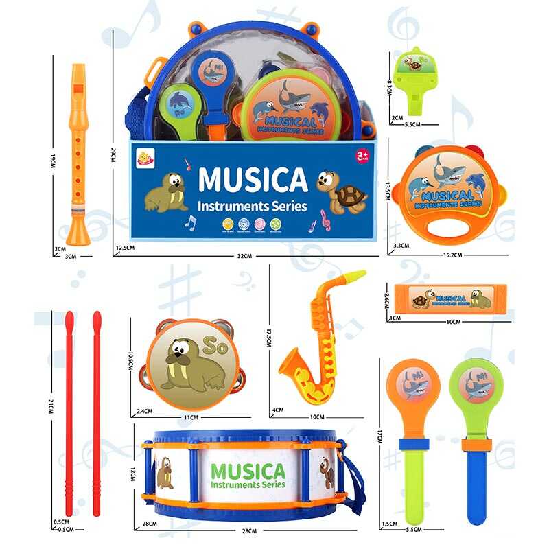 Набір музичних інструментів 818 C (18/2) 8 елементів, чуттєва мембрана, сопілка, губна гармошка, бубон, саксофон, маракаси, в коробці