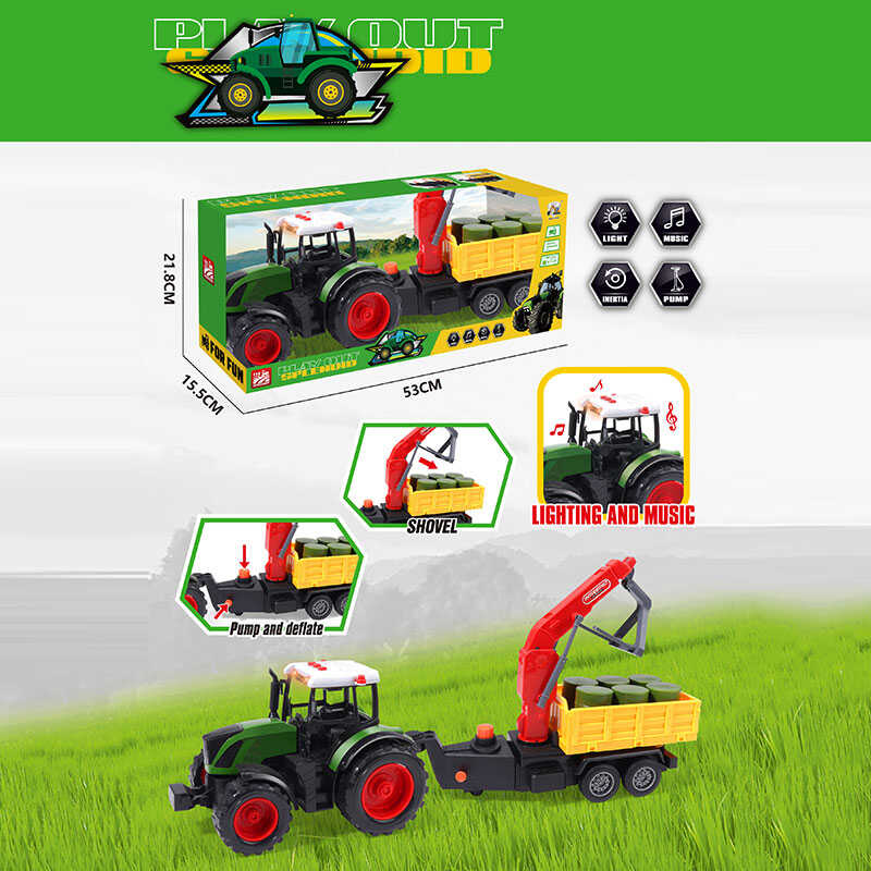 Трактор 687-149 B (18/2)  довжина: 50 см, причеп - самоскид, кран, інерція, підсвічування, звук, помповий підіймач, вантаж, капот підіймається,  в коробці