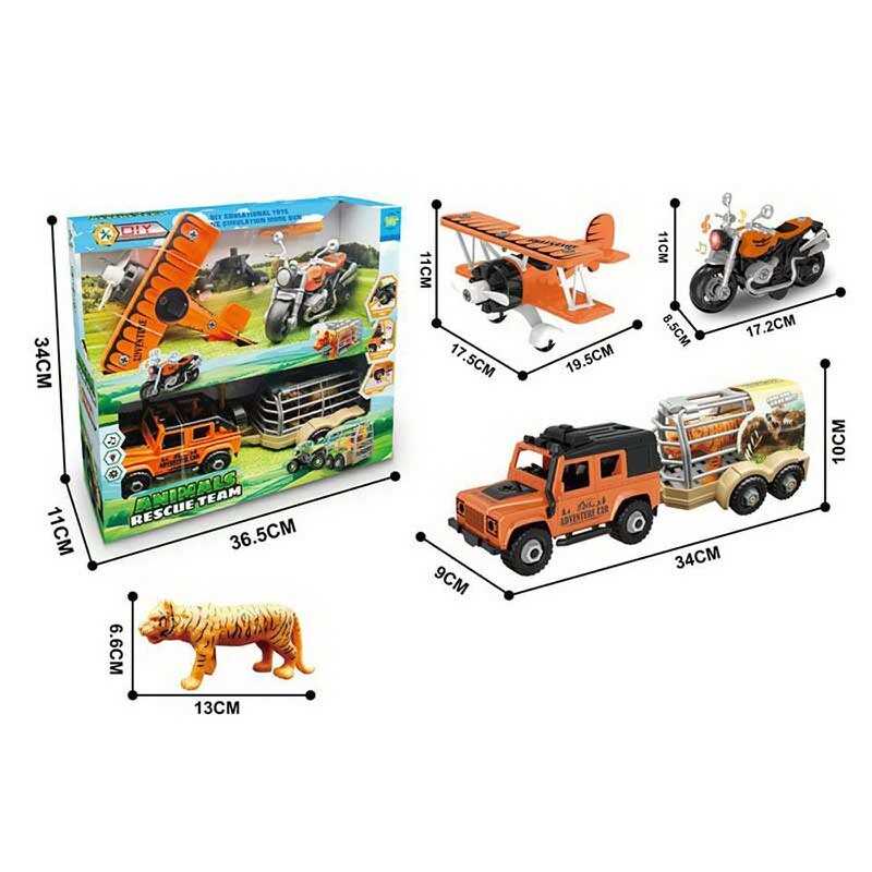 Набір техніки MY 3606-1 (24) звуки, підсвічування, інерційний механізм, мотоцикл, джип, літак, причіп, розбирається, викрутка, фігурка тваринки, в коробці