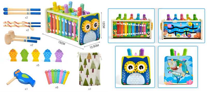 Ігровий центр C 75625 (12) дерев’яний, 5 ігрових панелей, стукалка, ксилофон, лабіринт, рухомі шестерні, циферблат, 2 молоточки, 2 палички, у коробці