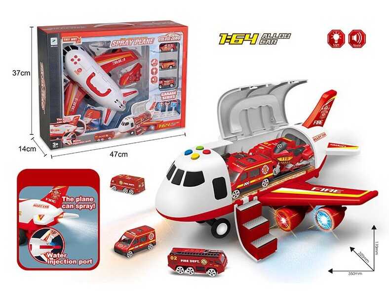 Літак 660 А-313 (12/2) "Пожежна служба", інерція, парогенератор, 3 машинки, на батарейках, світло, звук, дорожні знаки, в коробці