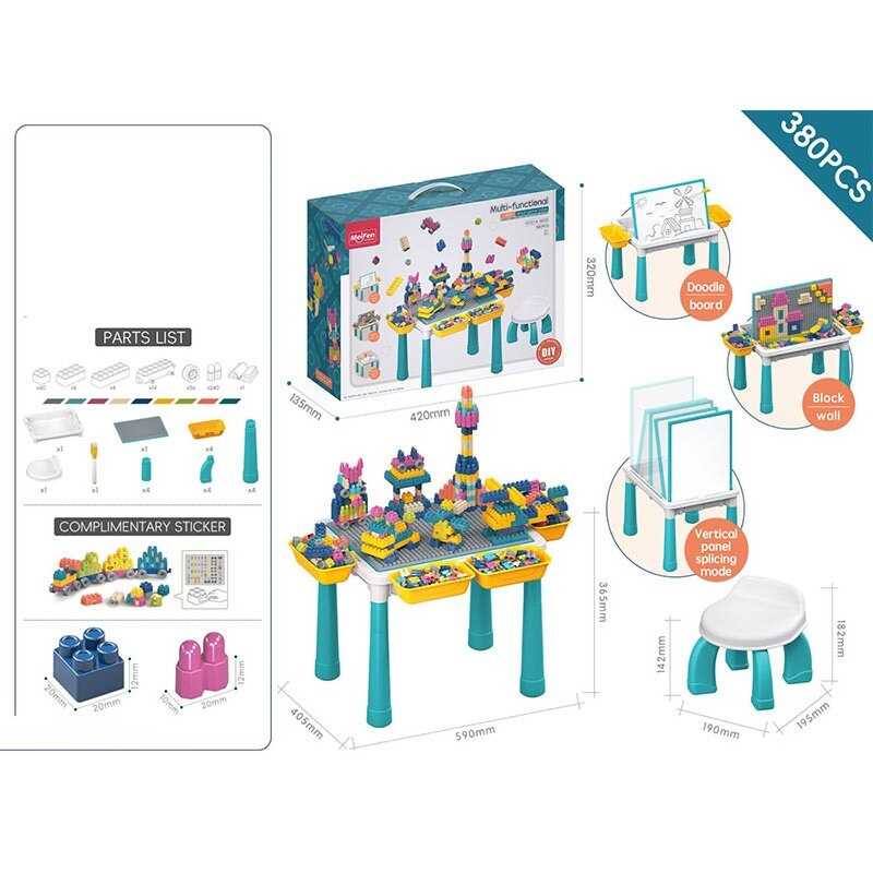 Столик з конструктором 10351 A-Q 03 E (12) 380 деталей, розмір столика: 59х40.5х36.5 см, стільчик, дошка для малювання, маркер “пиши-витирай”,  в коробці