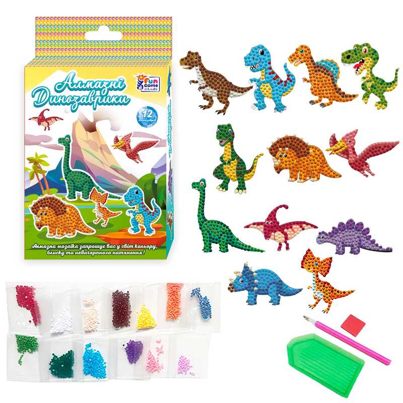 гр Алмазні стікери "Динозаврики" 10228 (60/2) "4FUN Game Club", наліпки, стилус, силіконовий клей, піддон, алмази, в коробці