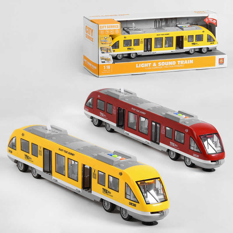 Потяг WY 920 AB (18) "Швидкісний експрес", 2 кольори, підсвічування, звук, відкриваються двері, інерція, в коробці