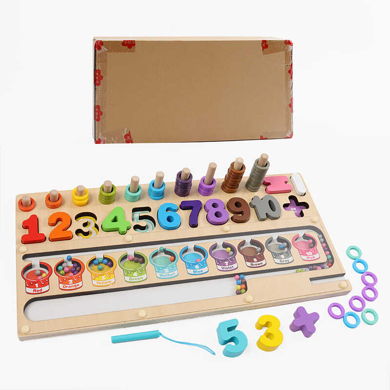 Логічна дерев’яна дошка C 74027 (16) гра з кілочками, кольорові кільця, стилус, кульки, сортер, магнітна гра, цифри, в коробці