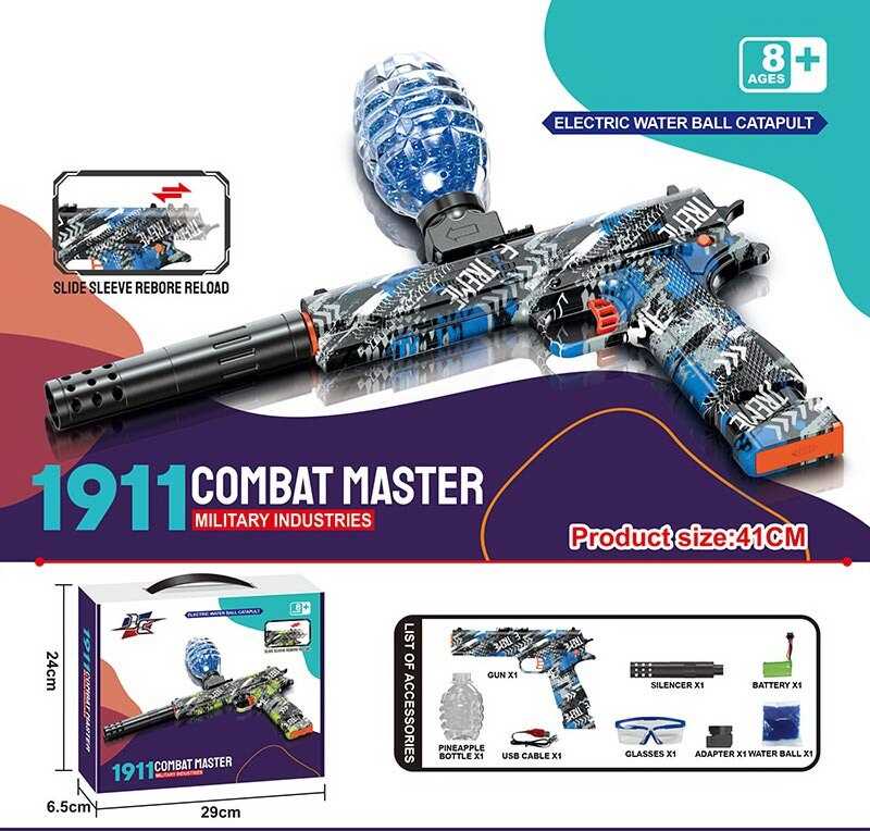 Пістолет W 033 B (18) автоматичний та механічний принципи роботи, акумулятор 7.4V, стріляє орбізами, захисні окуляри, USB-кабель, орбізи, глушник, в коробці