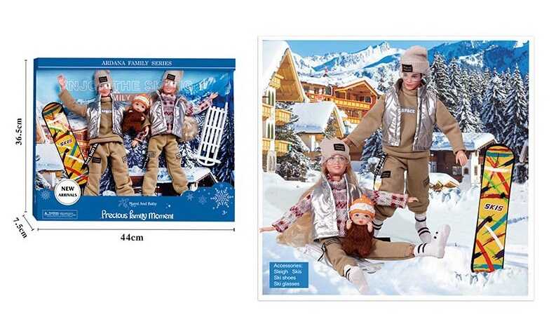 Набір ляльок A 807 A (24/2) "Спортивна сім'я", 3 ляльки, висота 30см, сноуборд, сани, окуляри, знімний одяг та взуття, в коробці