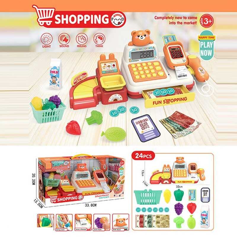 Касовий апарат 997-24 (30/2) 24 аксесуари, звук, підсвічування сканера, муляжі продуктів, міні-візочок, калькулятор, в коробці