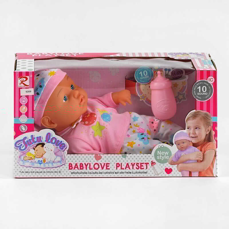 Пупс 9269 (36) м'якотілий, музичний чіп, 10 звукових ефектів, пляшечка, у коробці