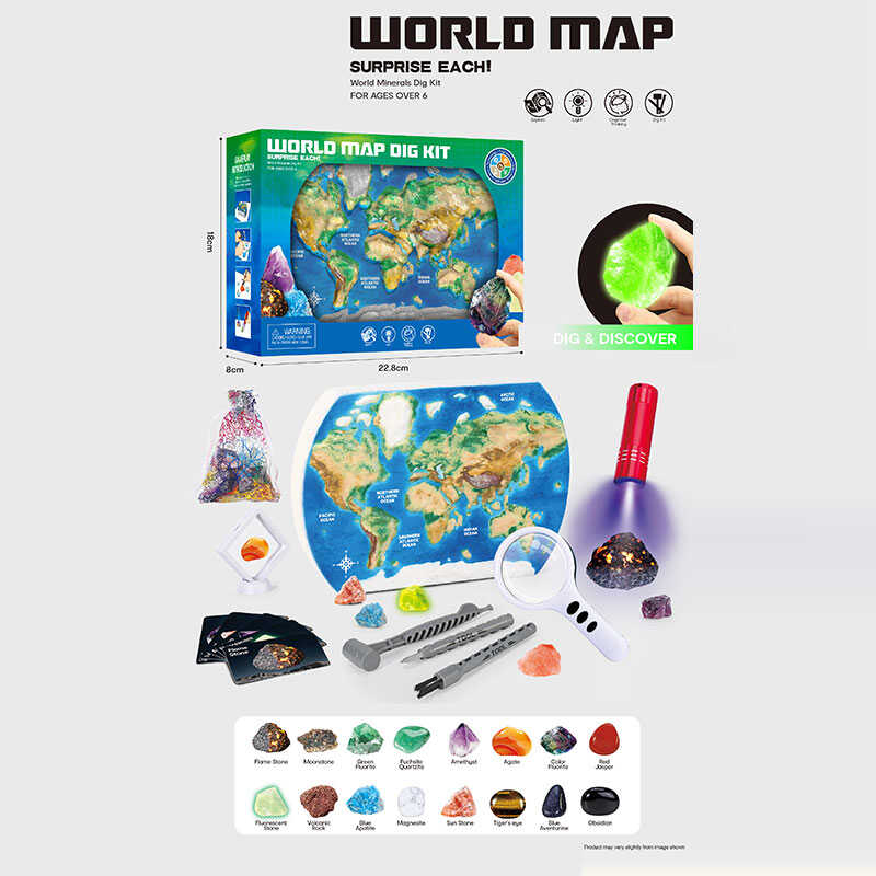 Набір археолога 920 (24) мапа Світу, каміння, археологічні інструменти, лупа, ліхтарик, картки, мішечок, в коробці