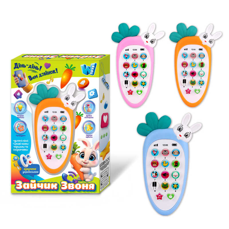 Телефон "Зайчик Звоня" 80650 (96) "WToys", 3 кольори, ОЗВУЧУВАННЯ УКРАЇНСЬКОЮ МОВОЮ, підсвічування, казки, пісні, скоромовки, вірші, в коробці, ВИДАЄТЬСЯ ТІЛЬКИ МІКС ВИДІВ