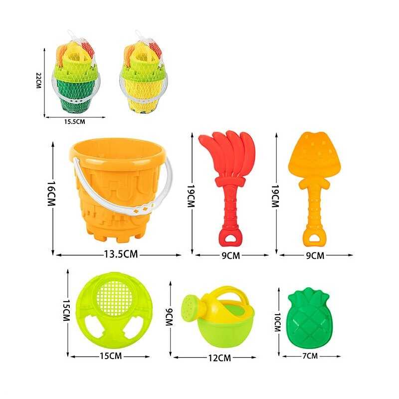Пісочний набір 295-37 A (72/2) відерці, лопатка, граблі, форма для піску, лійка, сито, у сітці