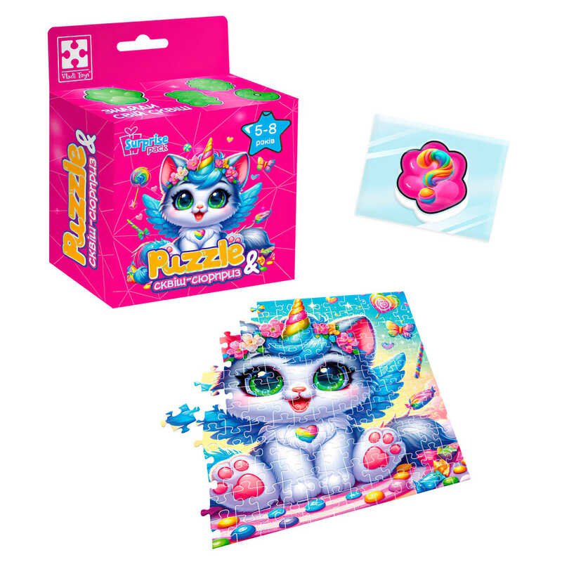 гр Гра розвиваюча пазли із сюрпризом "Котик-єдиноріжка" VT8030-07 (20) "Vladi Toys", 180 елементів, сквіш-сюрприз, в коробці