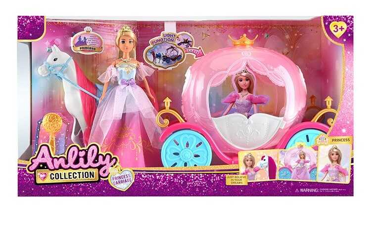 Лялька з каретою 616851 (6) підсвічування, висота ляльки 30 см, шарнірні кінцівки, намисто, корона, кінь із сідлом, карета, дверцята відчиняються, в коробці