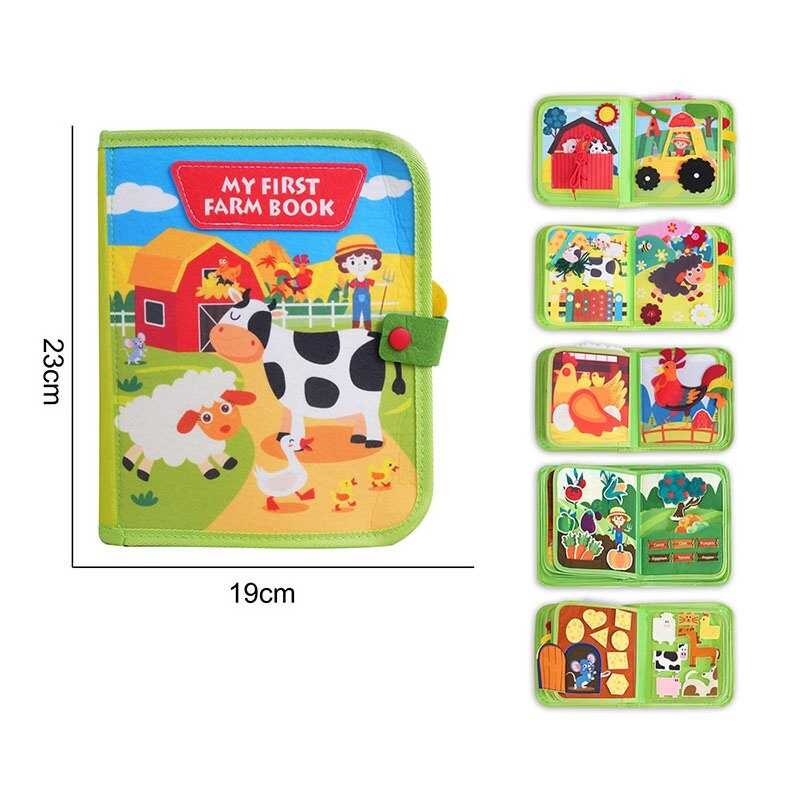 М'яка книжка-бізіборд 25008 (35) "Ферма", фетр, пальчикові ігри, пискавка, елементи на липучках, назви англійською мовою, в пакеті